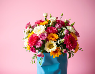 Obraz premium Bright bouquet of flowers in a blue vase with a pink background during daytime Generative AI