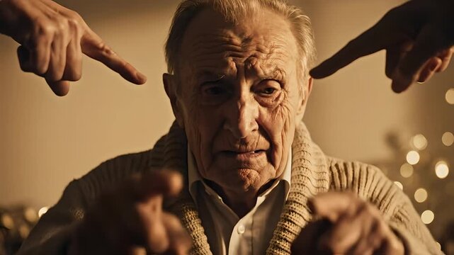 Elderly man under attack by multiple accusing fingers pointing at him, depicting bullying, blame-gaming, toxic workplace dynamics, and emotional distress mental health