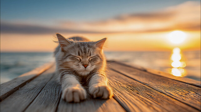 A cute fluffy cat is lying on a wooden pier by the sea during a warm sunset, with the sun's rays reflecting in the water.