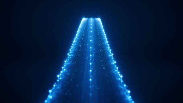 Abstract blue light streaks form a tunnel with particles in the dark