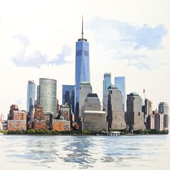 Obraz premium A city skyline with tall buildings and a body of water