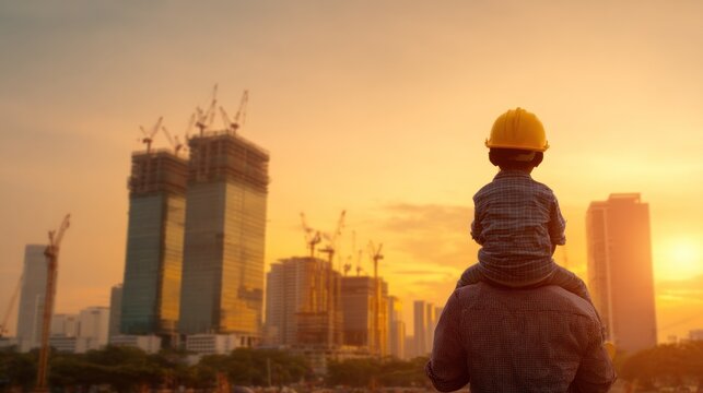 Father carrying child on shoulders looking at city construction sunset