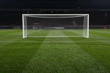 Fototapeta premium Football Goal from Penalty Kick View – Empty Stadium Pitch with Symmetrical Composition