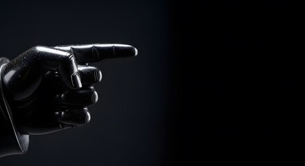 Naklejka premium Glossy Black Sculpture of a Hand Pointing Right on Dark Background