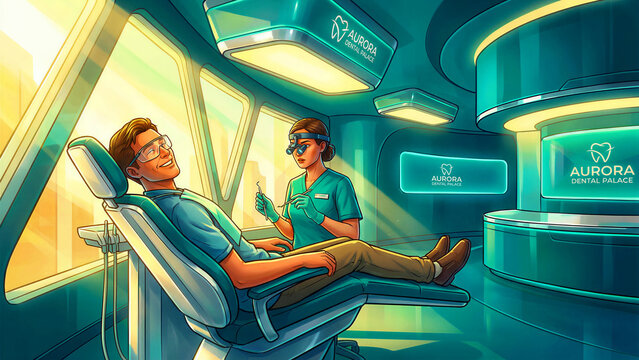 Relaxed male patient reclines comfortably in a futuristic dental examination chair while a focused female dentist prepares for treatment.