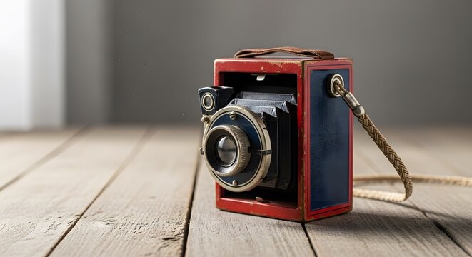 Vintage Red and Blue Box Camera on Rustic Wooden Floor