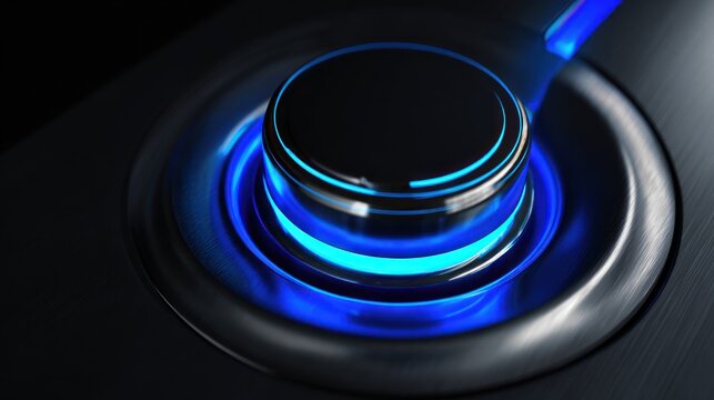 Close up of a shiny black button with blue neon lighting and metallic surface