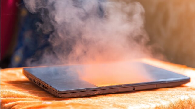 Overheating laptop emitting vapor heat close up concept technological problems