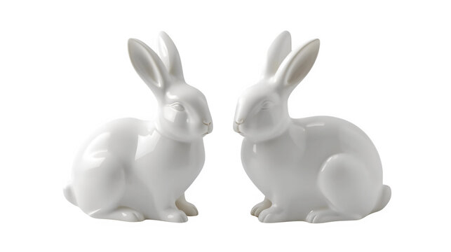 A pair of elegant, minimalist white ceramic rabbit figurines facing each other against a transparent background. Their smooth, glossy finish reflects light, highlighting their sleek curves.