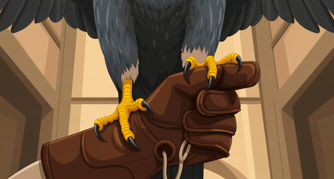A majestic dark feathered bird of prey, possibly a hawk or falcon, with sharp yellow talons firmly gripping a sturdy brown leather falconry glove, showcasing a close bond with its handler in a