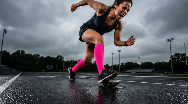 Athlete wearing vibrant pink compression socks running on wet track under cloudy sky, showcasing determination and speed in dynamic action shot, worn