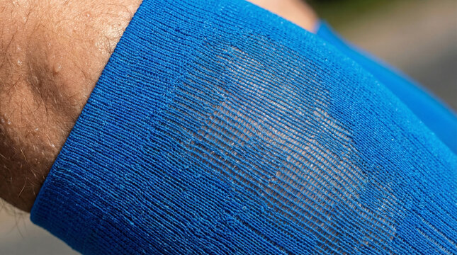 Close-up of blue compression socks worn on a persons leg with textured fabric detail, outdoor setting in sunlight