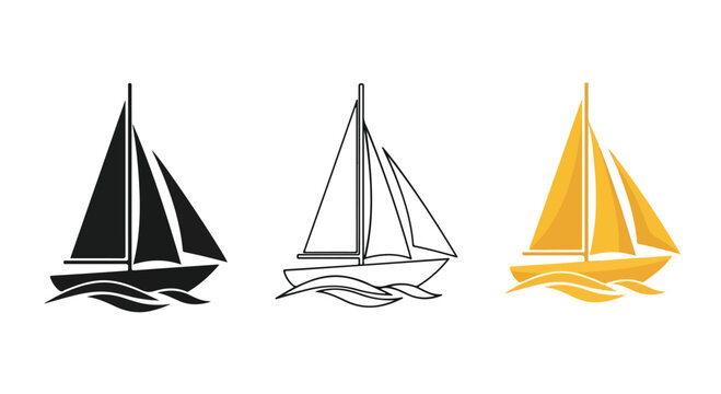 Set of sailboat icons in black, white, and yellow on a white background