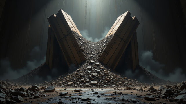 Collapsed structure forming V shape with debris symbolizing division failure breakdown and fragmentation of unified systems under pressure