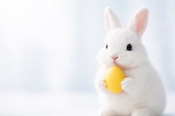 Obraz premium Adorable white bunny holding a bright yellow Easter egg in a soft, bright setting