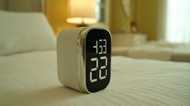 Modern Digital Alarm Clock with LED Display on Bedside Table