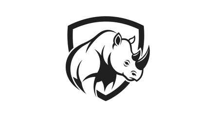 Black and white rhinoceros illustration on shield emblem symbol © UDIN BADEG