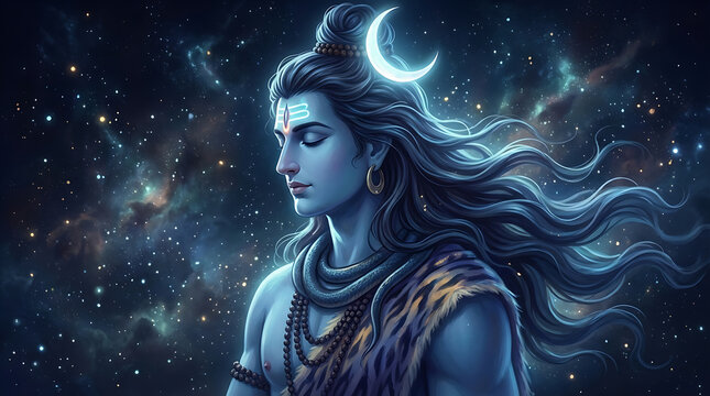 Side profile of mahadev with crescent moon and long hair for maha shivratri and maha shomvar background with cosmic stars and deep blue spiritual energy