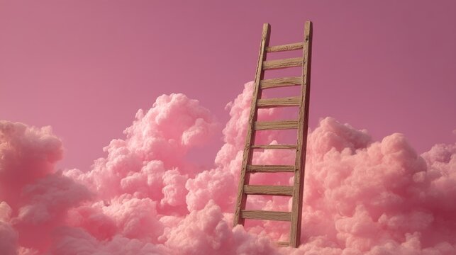 Wooden ladder to pink clouds dreamlike landscape