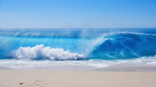 Powerful blue ocean wave breaking on a sandy tropical beach shoreline under a clear bright summer sky