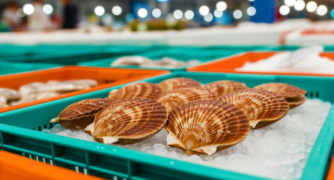 Freshly harvested scallops displayed beautifully on crushed ice inside vibrant blue and orange market crates ready for sale.