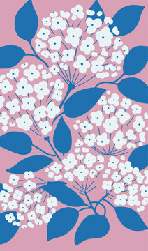 Scandinavian style floral pattern with white hydrangeas on pink background