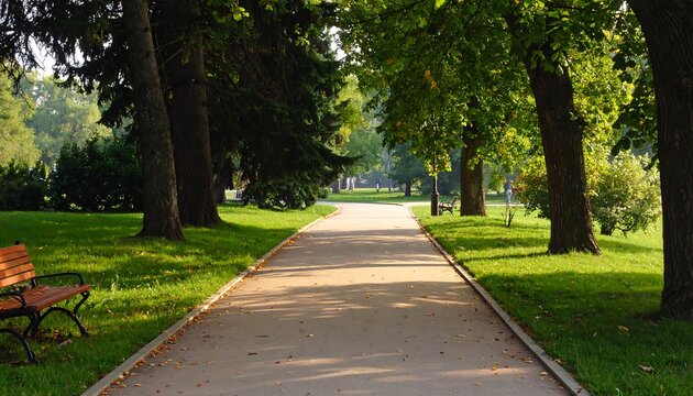 A serene pathway through a lush green park with trees and a bench
