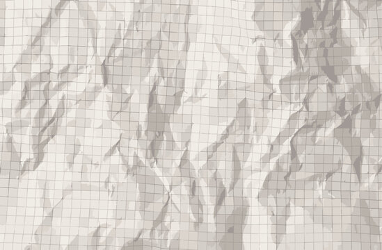 Abstract background of crumpled white grid paper with realistic creases