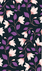 Elegant seamless pattern with stylized white and purple flowers on a dark navy background © Anna Lytvyn