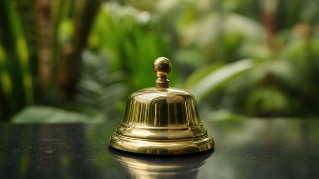 Golden reception bell in hotel lobby