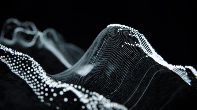 Abstract digital art with flowing lines and glowing dots on dark background