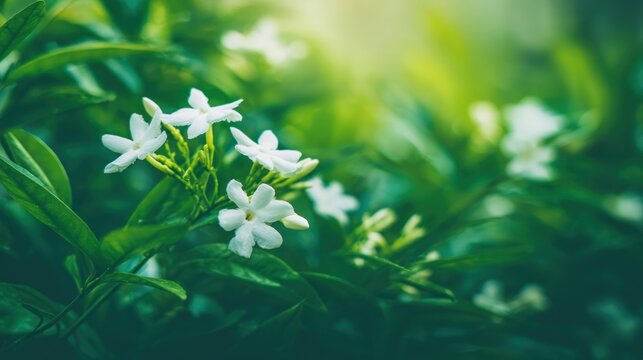 Close up of white star jasmine flowers on a vibrant green background sunlight