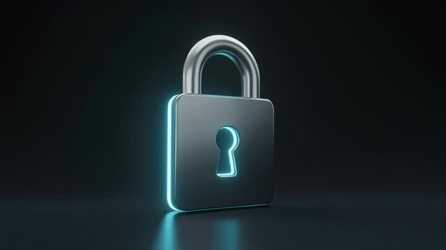 Metallic padlock with a glowing blue neon light illuminating the keyhole and edges on a dark, reflective surface, representing digital data protection, privacy, and online security concepts