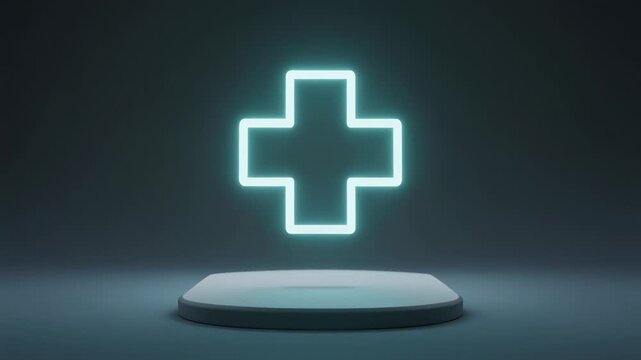 Futuristic neon medical cross icon materializing and hovering above a round stage. Modern concept for healthcare technology, medicine, science, hospital services, and emergency first aid