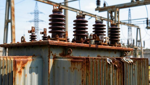 Heavily rusted, old electrical power transformer with ceramic insulators standing exposed at an outdoor substation facility