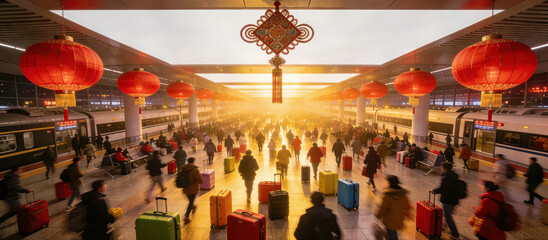 Naklejka premium Rail station during Spring Festival rush evening. Motion blur crowd silhouettes and suitcases. Red lanterns and Chinese knots. Warm tones. Clean ceiling copy space. 8K. Travel holiday concept.