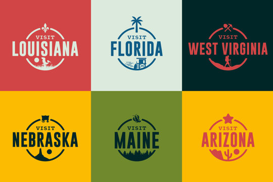 Vintage travel badge set, usa state badge set, traveler pins collection, camping logo pack. Louisiana, Florida, Nebraska, Maine, Arizona, West Virginia