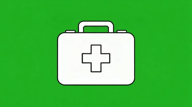 White first aid kit with a red cross symbol on a vibrant green background, representing medical care and emergency supplies.