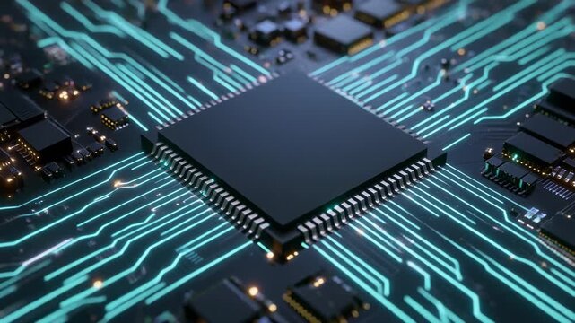 Advanced technology concept showing a central processing unit sending digital information and electrical signals through a futuristic motherboard with glowing turquoise lights and complex pathways