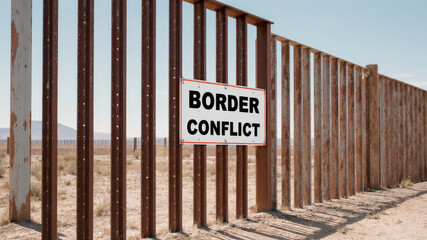 Obraz premium Border fence with border conflict sign representing territorial disputes security measures and tension between neighboring regions or countries