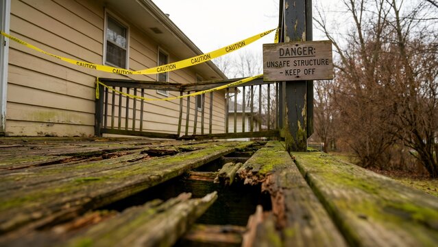A severely dilapidated wooden deck with broken planks and extensive moss growth is cordoned off by bright yellow caution tape, featuring a prominent 'DANGER: UNSAFE STRUCTURE - KEEP OFF' sign affixed