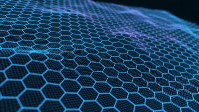 Abstract digital network grid with glowing hexagonal cells and undulating waves in a futuristic blue color scheme