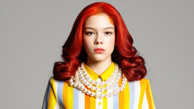 Woman with red hair and pearl necklace