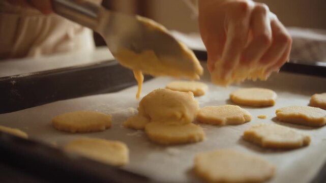 Close up shot of a baker's hands meticulously arranging raw, unbaked cookie dough pieces on parchment paper, preparing the sweet homemade biscuits for the oven in a cozy kitchen setting