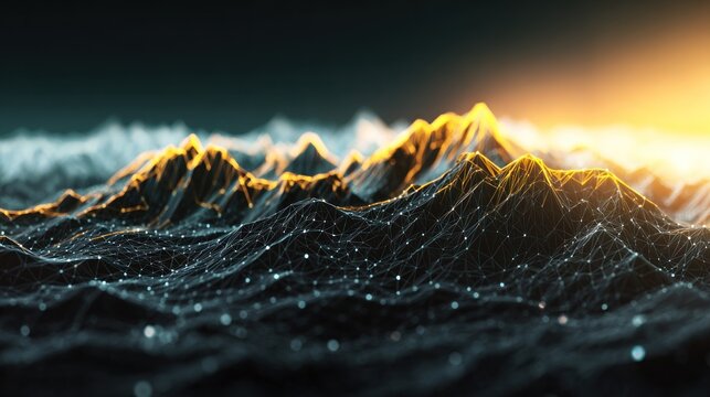 Abstract digital mountains with glowing edges depicting data connection