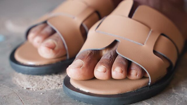 Closeup feet in leather sandals, worn toes on dusty concrete floor, tan straps, textured rubber sole, summer streetwear vibe with authentic handmade feel and natural grain visible