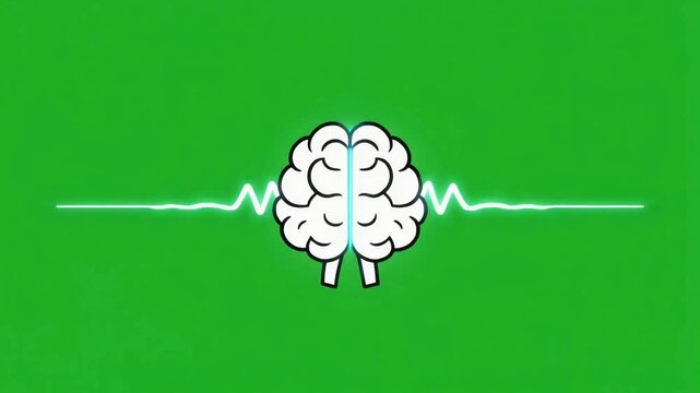 Stylized white brain illustration with glowing blue brainwave on a vibrant green background, representing thought and mental activity.