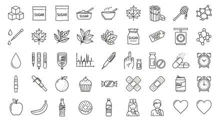 Naklejka premium Extensive Collection of Diabetes Management and Blood Sugar Control Line Icons Set for Healthcare and Wellness Designs