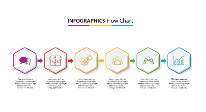Modern business process infographic template with six hexagonal steps and various icons for sequential data visualization and presentation
