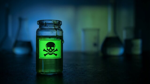 A mysterious glass bottle, filled with a vibrant glowing green liquid, prominently displays a striking skull and crossbones warning label, clearly signifying extreme danger and potent toxicity,